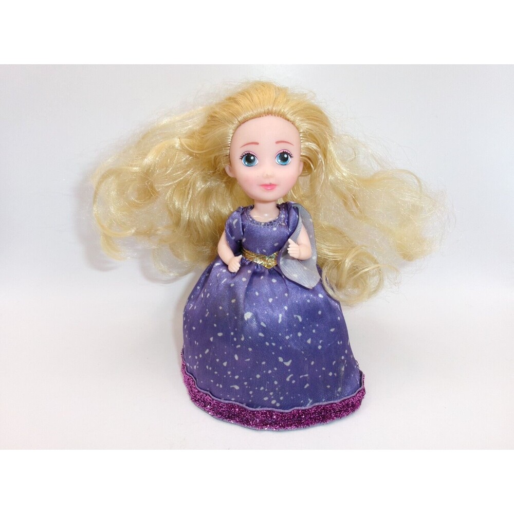 EMCO Cupcake Surprise Doll Blond Hair Purple Dress Blue Cupcake Holder No Lid